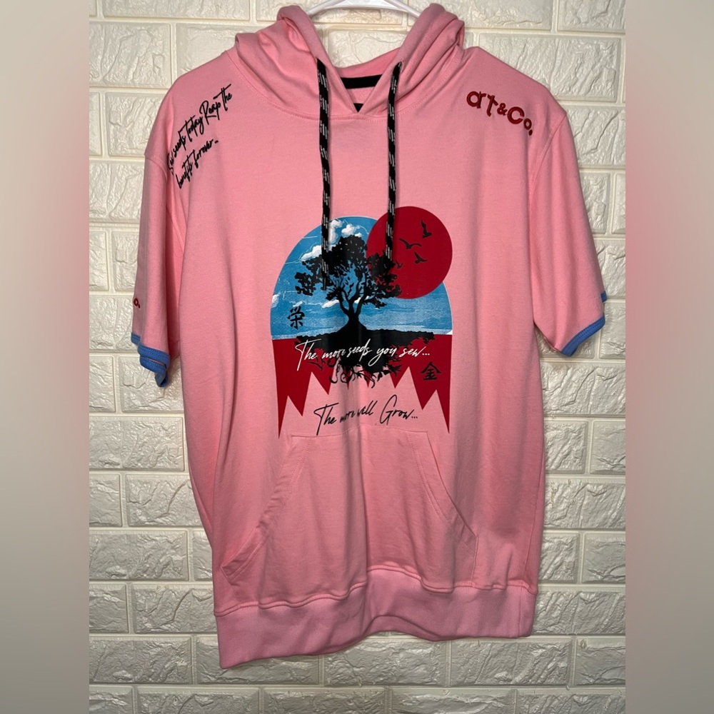 NWOT Embroidered Pink Short Sleeve Hoodie Sz Small Men’s /Unisex
